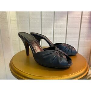 1970s navy blue mules 70s shoes ruched gathered peep toe pin up style 5 6 50s